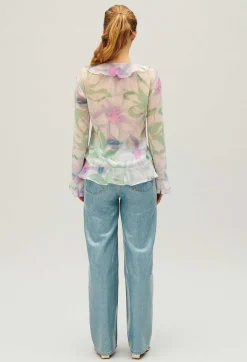Hot Watercolour Print Silk Blouse Women Tops And Shirts