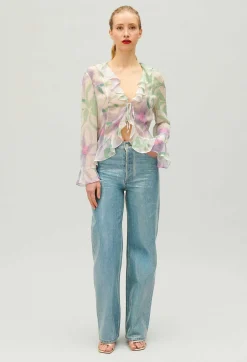 Hot Watercolour Print Silk Blouse Women Tops And Shirts