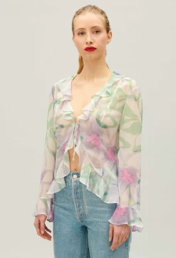 Hot Watercolour Print Silk Blouse Women Tops And Shirts