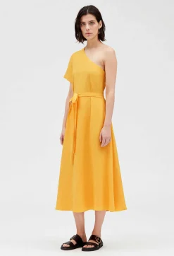 Discount Yellow Asymmetric Midi Dress Women Dresses