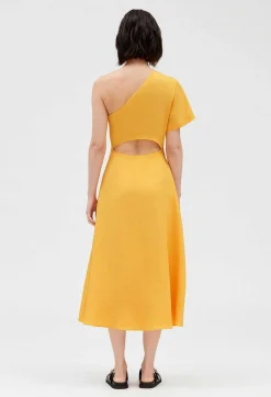 Discount Yellow Asymmetric Midi Dress Women Dresses