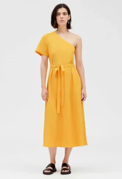 Discount Yellow Asymmetric Midi Dress Women Dresses