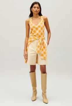 Cheap Yellow Checked Vest Top Women Tops And Shirts